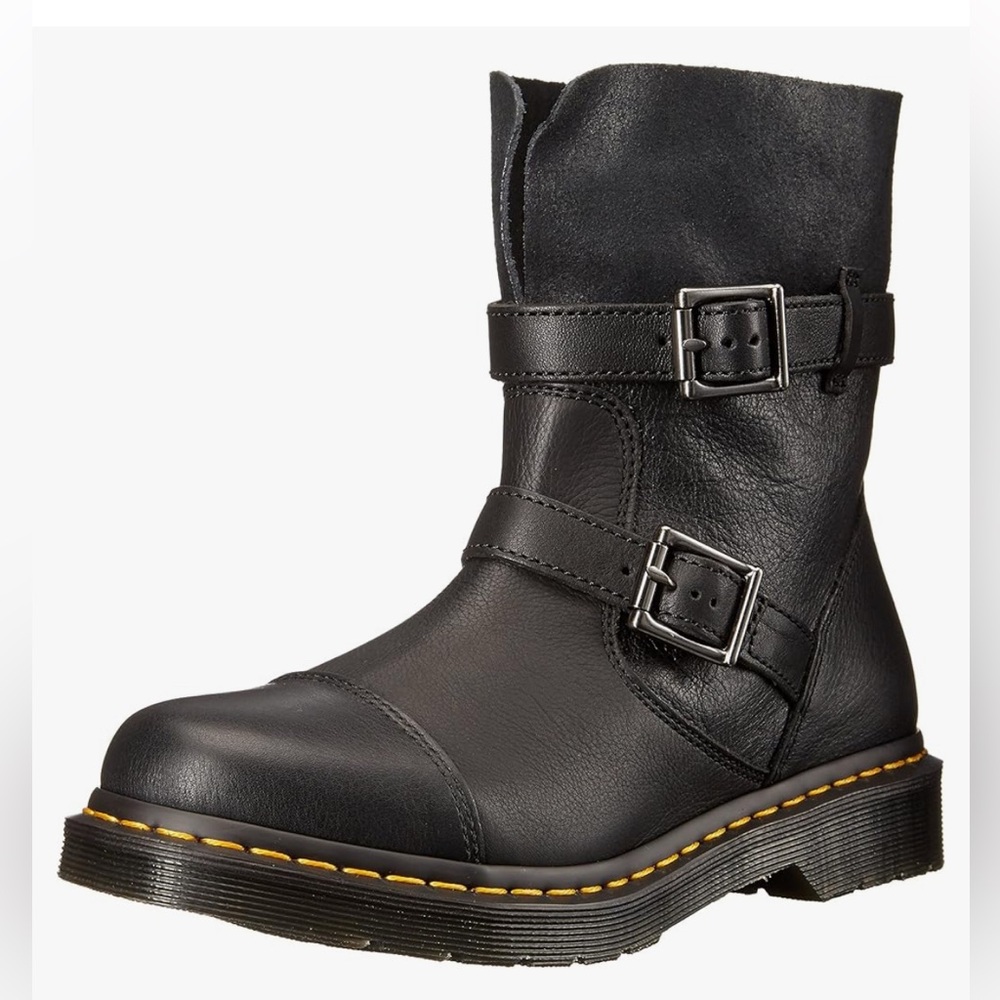 Dr. Martens Black Leather Buckle Combat Boots with Yellow Stitching